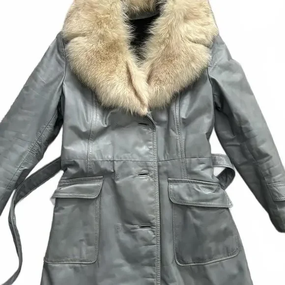 Women's Gray Leather Trench Coat with Real Fur Collar - Picture 2 of 9